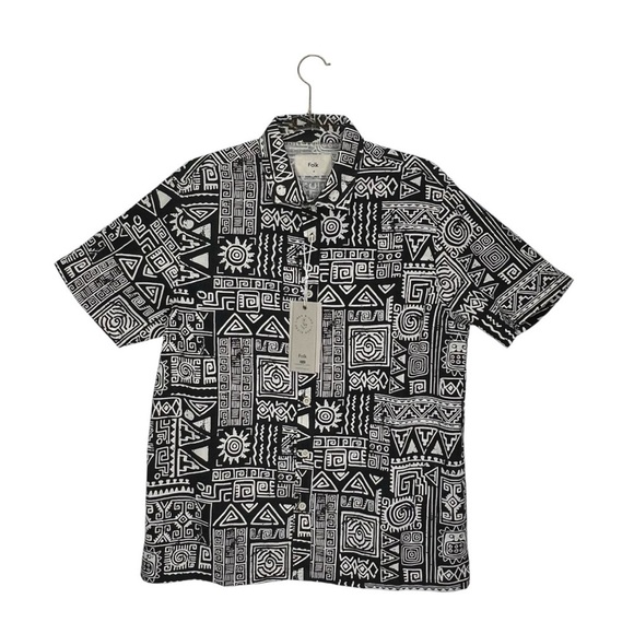Folk Machu Short Sleeved Button Up Linen Blend Medium Shirt Black White New NWT - Picture 1 of 5